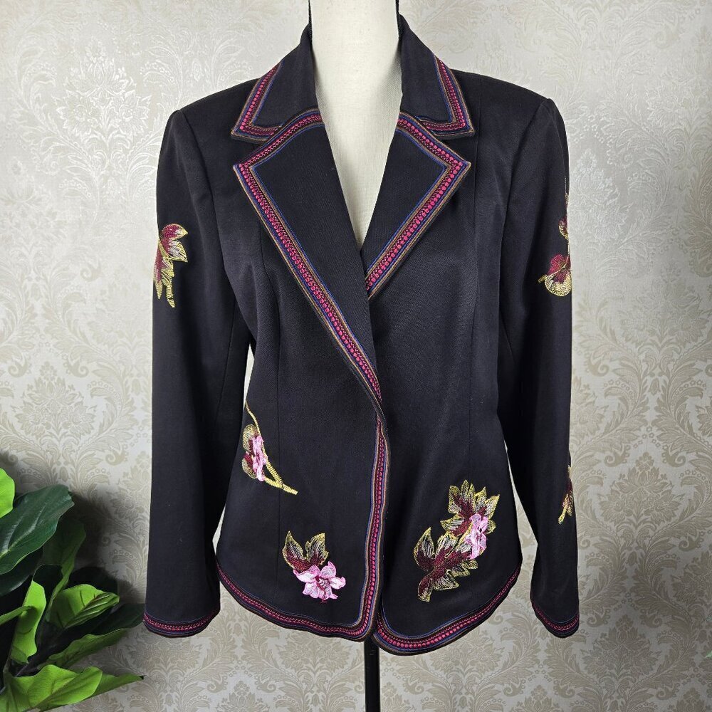 Peter Nygard Size Large Black Blazer Colorful Floral Embroidery and Edging Lined